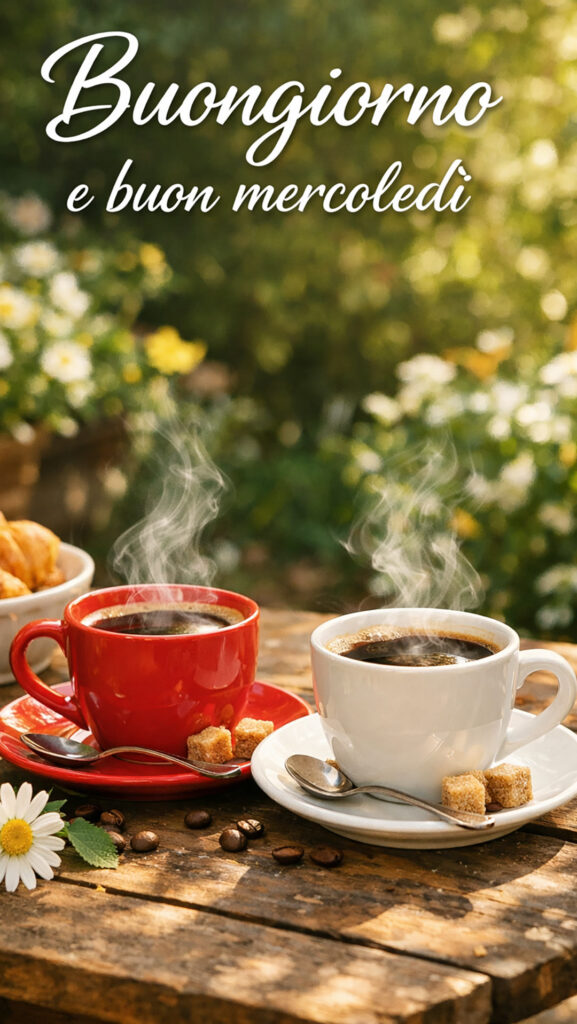 immagine di buongiorno e buon mercoledì con tazze fumanti in giardino da mandare con whatsapp