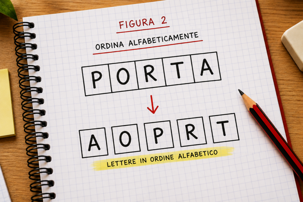 Tecnica per fare un anagramma ordinando alfabeticamente le lettere della parola PORTA